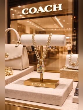 COACH Gold-Tone Chain Bracelet with Multicolored Jeweled Padlock